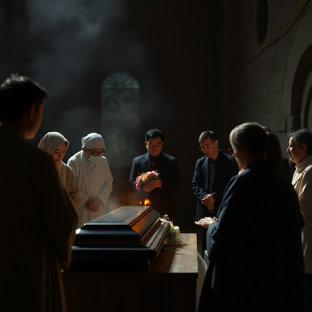 A photorealistic image depicting a respectful cremation ceremony. Focus on a dignified setting, perhaps a small, intimate gathering of family and friends. The image should evoke feelings of peace and respect. Avoid showing any graphic elements. The image should emphasize compassion and the solemnity of the occasion.
