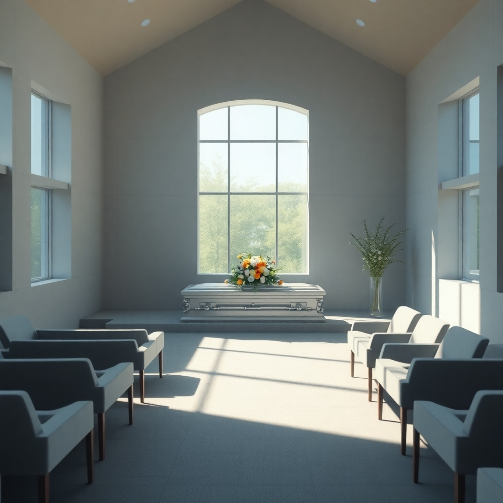A photorealistic image of a modern, bright, and peaceful funeral chapel. Sunlight streams through large windows illuminating a simple, elegant casket with fresh flowers. The chapel should have comfortable seating and a calming color palette (e.g., soft blues, grays, and whites). The overall mood should be one of serenity and respect. Focus on natural light and peaceful details.