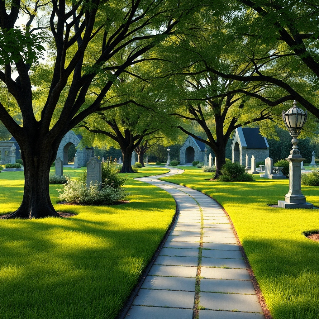 A photorealistic image of a serene and beautifully landscaped cemetery garden. Show well-maintained pathways, lush green grass, mature trees providing shade, and elegant headstones or memorials. The scene should feel peaceful and respectful, with a focus on natural beauty. Include soft lighting, perhaps early morning or late afternoon sun.