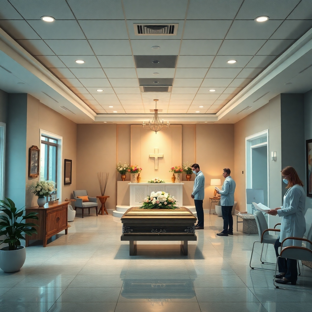 A photorealistic image showing a seamless workflow in a modern funeral home.  The image should highlight various aspects, such as a beautifully arranged chapel, a respectful cremation process (without graphic details), and staff members assisting with paperwork and arrangements, all within a clean, organized, and comforting environment. The image should convey efficiency, professionalism, and empathy. High resolution, detailed textures, and soft lighting are needed.