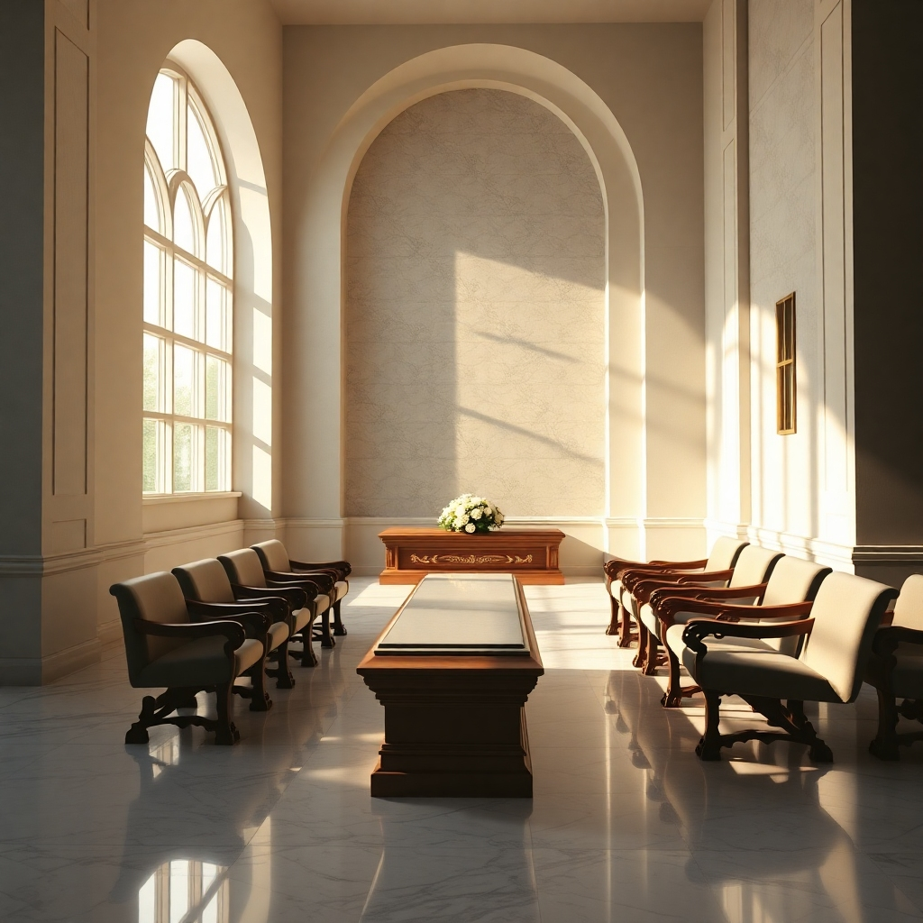 Generate a photorealistic, ultra-high quality 8K resolution image for a funeral home header. The image should depict a serene and comforting scene, emphasizing emotional connection and peace. The composition should feature a gently lit, modern yet traditional chapel interior, partially visible through large arched windows. Sunlight streams through the windows, casting soft shadows on polished marble floors. The color palette should be muted and elegant, with soft creams, greys, and subtle gold accents. The mood should be one of quiet dignity and peaceful remembrance. The camera angle should be a slightly elevated wide shot, capturing the chapel's grandeur and inviting atmosphere. Textures should be highly detailed: the smooth, cool surface of the marble, the soft velvet of seating, the intricate carvings on wooden elements. Include subtle background details such as a tasteful floral arrangement near a simple, yet elegant, casket. The overall style should evoke a feeling of timeless grace and sophistication, similar to the work of Steve McCurry or Annie Leibovitz in their portrait style but applied to this setting. The image needs to be hyperrealistic, focusing on light and shadow play to emphasize the serenity of the scene. Avoid any overtly morbid imagery; instead, focus on the peaceful transition and the support offered by Funeraria Paz Integral., ultra high resolution, photorealistic, 8K, hyperdetailed, cinematic lighting