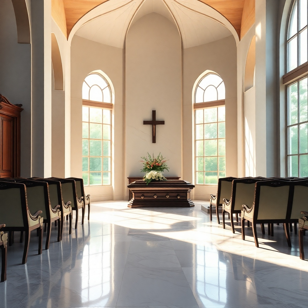 Generate a photorealistic, ultra-high quality 8K resolution image for a funeral home header. The image should depict a serene and comforting scene, emphasizing emotional connection and peace. The composition should feature a gently lit, modern yet traditional chapel interior, partially visible through large arched windows. Sunlight streams through the windows, casting soft shadows on polished marble floors. The color palette should be muted and elegant, with soft creams, greys, and subtle gold accents. The mood should be one of quiet dignity and peaceful remembrance. The camera angle should be a slightly elevated wide shot, capturing the chapel's grandeur and inviting atmosphere. Textures should be highly detailed: the smooth, cool surface of the marble, the soft velvet of seating, the intricate carvings on wooden elements. Include subtle background details such as a tasteful floral arrangement near a simple, yet elegant, casket. The overall style should evoke a feeling of timeless grace and sophistication, similar to the work of Steve McCurry or Annie Leibovitz in their portrait style but applied to this setting. The image needs to be hyperrealistic, focusing on light and shadow play to emphasize the serenity of the scene. Avoid any overtly morbid imagery; instead, focus on the peaceful transition and the support offered by Funeraria Paz Integral., ultra high resolution, photorealistic, 8K, hyperdetailed, cinematic lighting